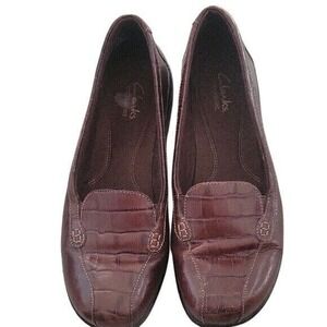 Clarks bendable Loafers Brown Leather Crocodile Embossed Slip On Comfort Shoes 8
